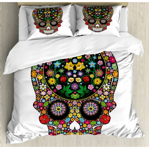 Sugar Skull Duvet Cover Set King Size, Springtime Garden Wild Blossoms Vegetation Calavera Inspiration Human Death, Decorative 3 Piece Bedding Set with 2 Pillow Shams, Multicolor, by Ambesonne