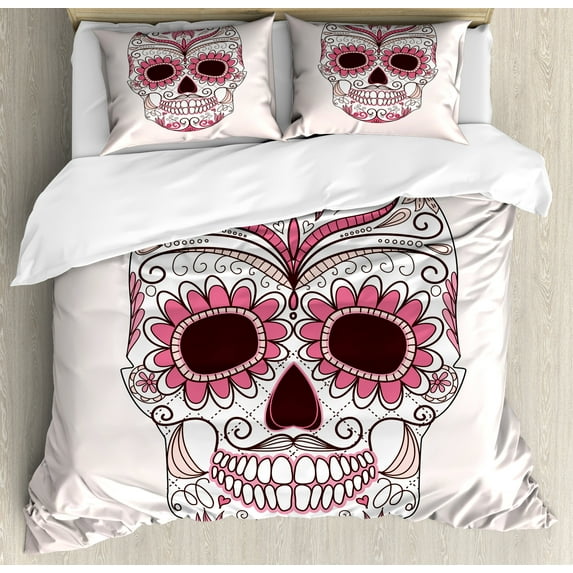 Sugar Skull Duvet Cover Set, Mexican Ornaments Calavera Catrina Inspired Folkloric Art Macabre, Decorative 3 Piece Bedding Set with 2 Pillow Shams, King Size, Pink Pale Pink White, by Ambesonne