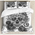 thumbnail image 1 of Sugar Skull Duvet Cover Set, Monochrome Skull with Roses Leaves and Diamond Shape Folklore Festival Print, Decorative 2 Piece Bedding Set with 1 Pillow Sham, Twin Size, White Grey, by Ambesonne, 1 of 3