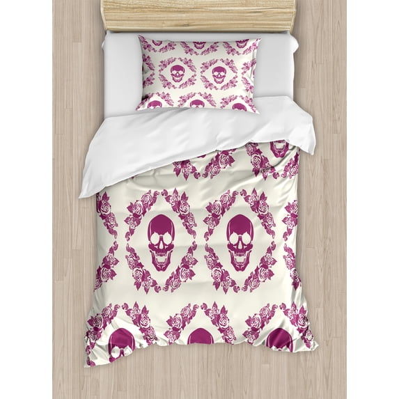 Sugar Skull Duvet Cover Set, Monochrome Style Calavera Inspired Surround by Circular Floral Wreath Print, Decorative 2 Piece Bedding Set with 1 Pillow Shams, Twin Size, Fuchsia Cream, by Ambesonne