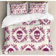 thumbnail image 1 of Sugar Skull Duvet Cover Set, Monochrome Style Calavera Inspired Surround by Circular Floral Wreath Print, Decorative 3 Piece Bedding Set with 2 Pillow Shams, Queen Size, Fuchsia Cream, by Ambesonne, 1 of 3