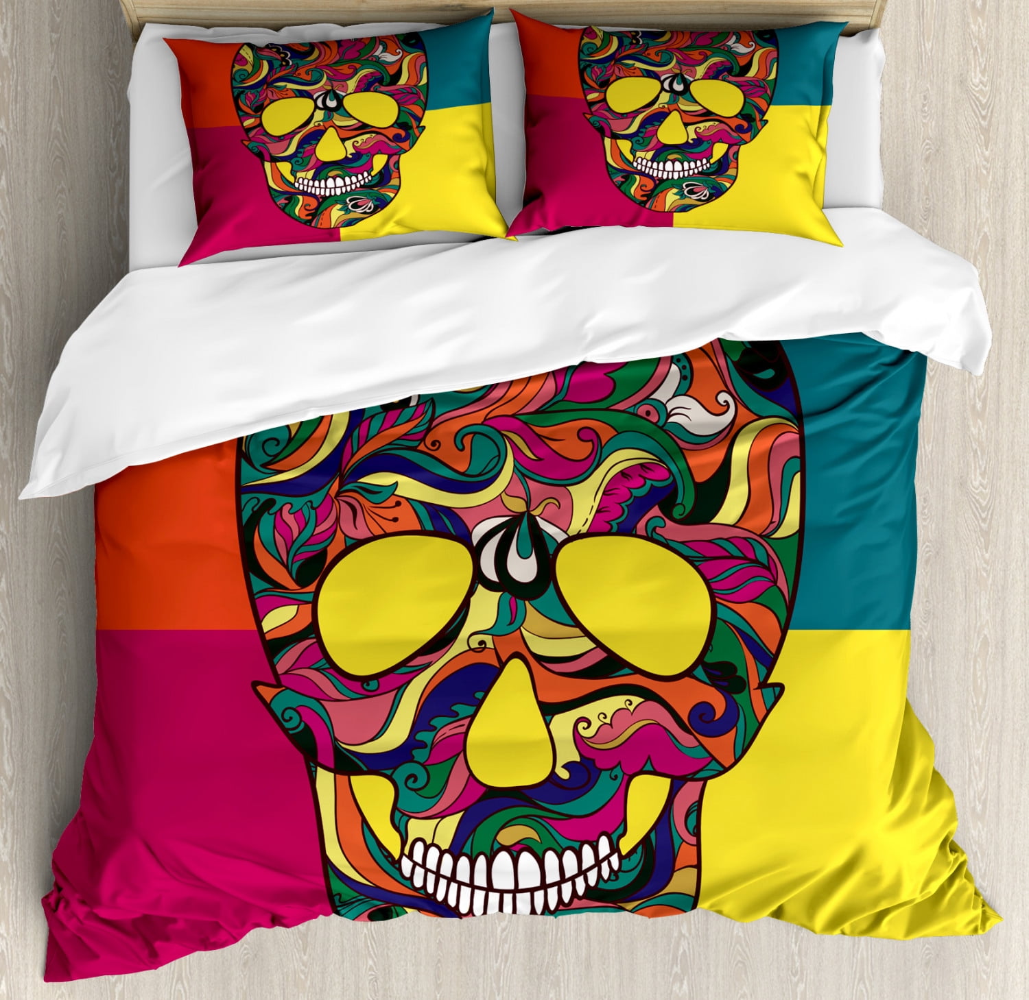 Colorful Sugar Skull Queen Duvet Cover Set with Pillow Shams