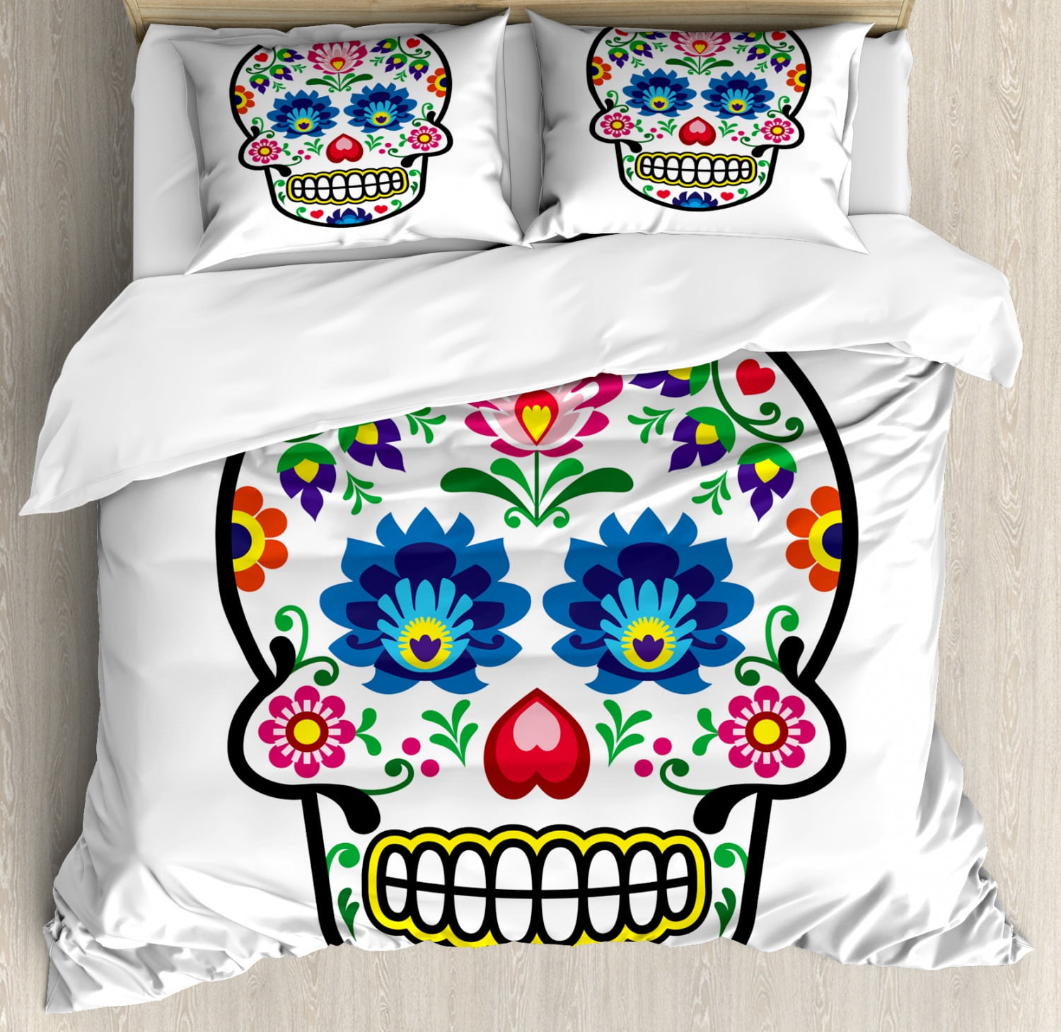 Multicolor Sugar Skull Queen Duvet Cover Set with Pillow Shams