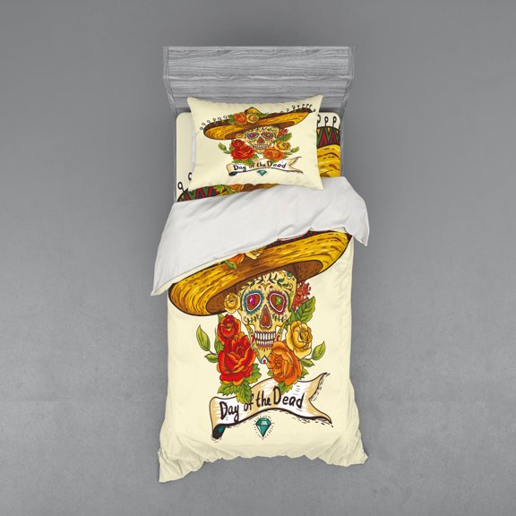 Sugar Skull Duvet Cover Set, Skull in a Sombrero Traditional Mexican Culture Theme Roses Day of the Dead, Bedding Set with Shams and Fitted Sheet, 3 Sizes, by Ambesonne