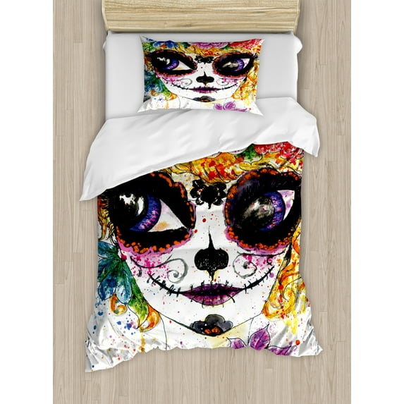 Sugar Skull Duvet Cover Set Twin Size, Cultural Celebration Mexican Traditional Make Up Girl Face in Watercolors Art, Decorative 2 Piece Bedding Set with 1 Pillow Sham, Multicolor, by Ambesonne
