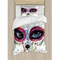 thumbnail image 1 of Sugar Skull Duvet Cover Set Twin Size, Spooky Big Eyes Cat Face Girl Portrait Artistic Ceremonial Celebration Print, Decorative 2 Piece Bedding Set with 1 Pillow Sham, Multicolor, by Ambesonne, 1 of 3