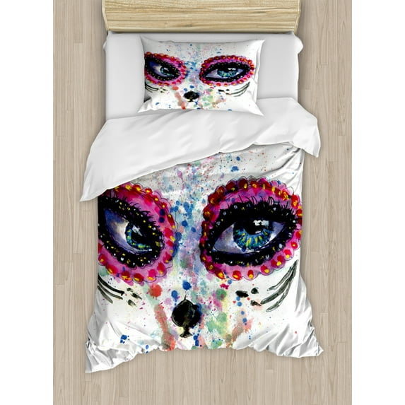 Sugar Skull Duvet Cover Set Twin Size, Spooky Big Eyes Cat Face Girl Portrait Artistic Ceremonial Celebration Print, Decorative 2 Piece Bedding Set with 1 Pillow Sham, Multicolor, by Ambesonne