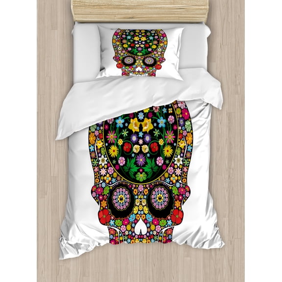 Sugar Skull Duvet Cover Set Twin Size, Springtime Garden Wild Blossoms Vegetation Calavera Inspiration Human Death, Decorative 2 Piece Bedding Set with 1 Pillow Sham, Multicolor, by Ambesonne