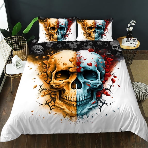 Sugar Skull Duvet Cover Set, Yellow & Blue Skull Bedding Set,Gothic Skull Comforter Cover for Kids Boys Girls,Skeleton Bones Duvet Cover,3 PCS,1 Quilt Cover and 2 Pillowcases
