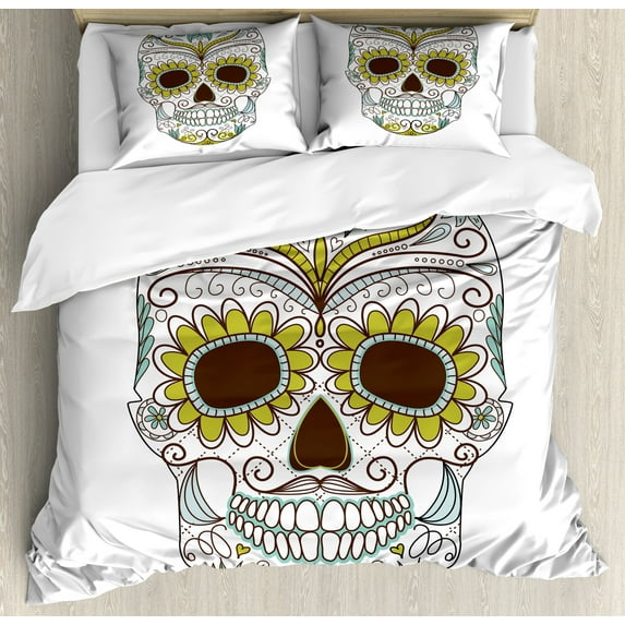 Sugar Skull Duvet Cover Sets, Folkloric Calavera Elements Floral Day of the Dead Theme, Bedding Set with 2 Duvet Covers & 4 Pillowcases, 2 Pack Queen Size, Green Brown Seafoam, by Ambesonne