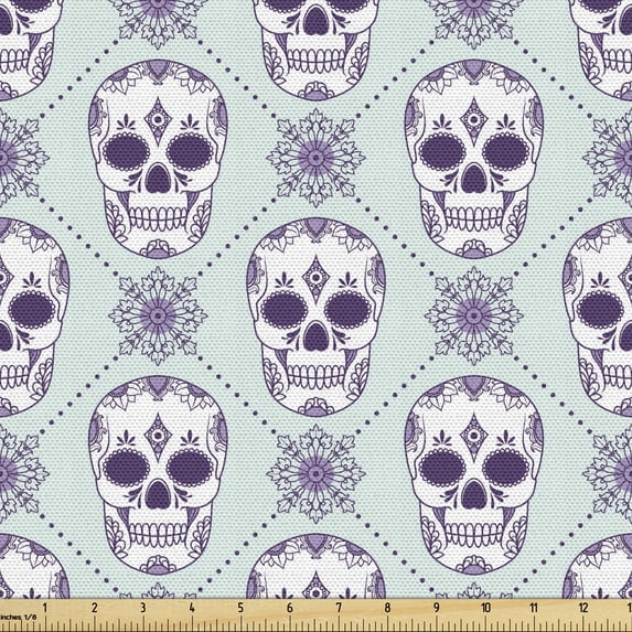 Ambesonne Geometric Fabric by the Yard Upholstery, Floral Damask Skulls, 1 Yard, Pale Blue Purple White