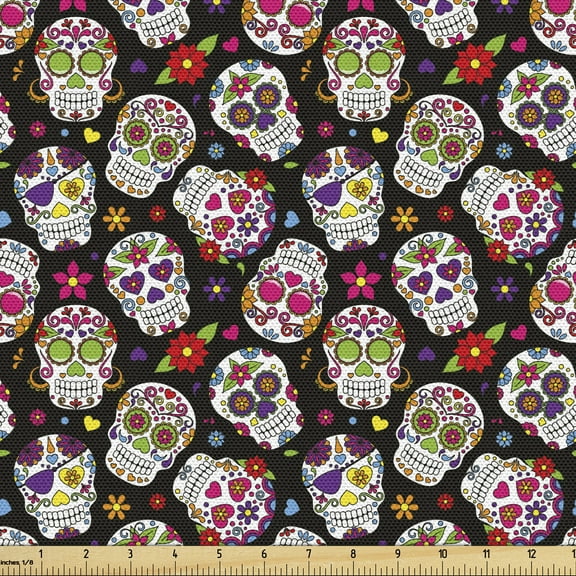 Ambesonne Sugar Skull Fabric by the Yard Upholstery, Mexico Themed Design, 1 Yard, Multicolor