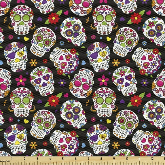 Ambesonne Sugar Skull Fabric by the Yard Upholstery, Mexico Themed Design, 5 Yards, Multicolor