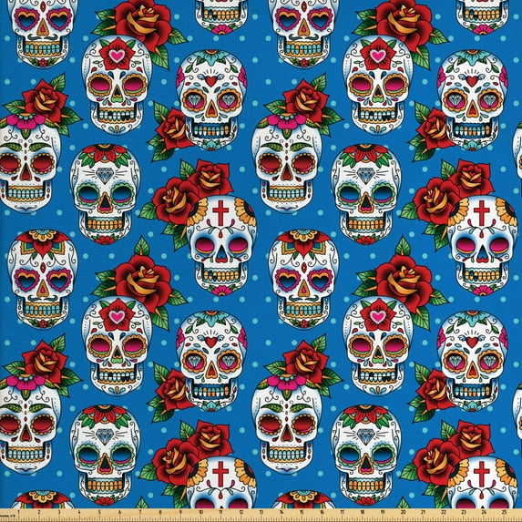 Ambesonne Colorful Fabric by the Yard Upholstery, Floral Roses Skulls, 2 Yards, Blue Red Ivory