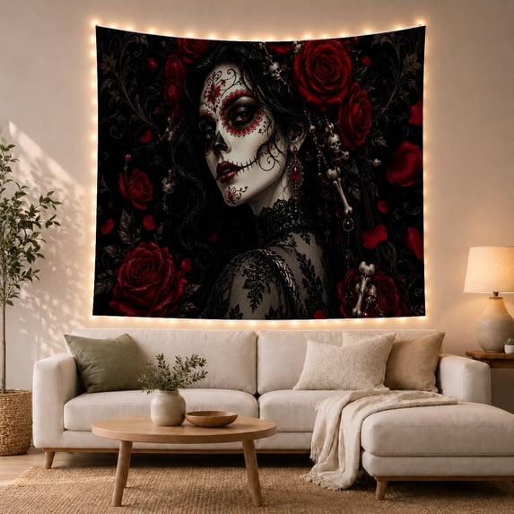 Sugar Skull Face With Red Roses Against Dark Vines, Moody Gothic for Dark Art Lovers, Floral Wall Decor, Valentine's Day Gift, Tapestry Wall Hanging for Bedroom and Living Room