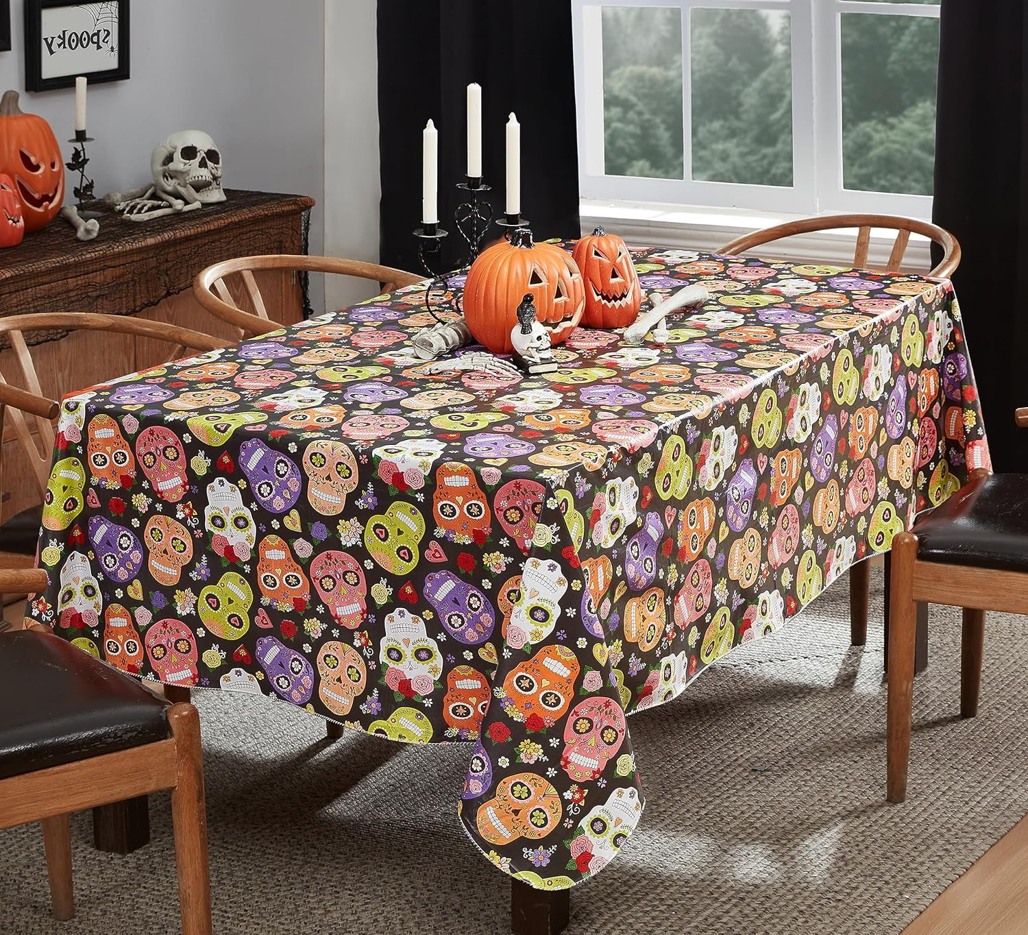 Sugar Skull Fiesta and Party Flannel Backed Vinyl Tablecloth Perfect