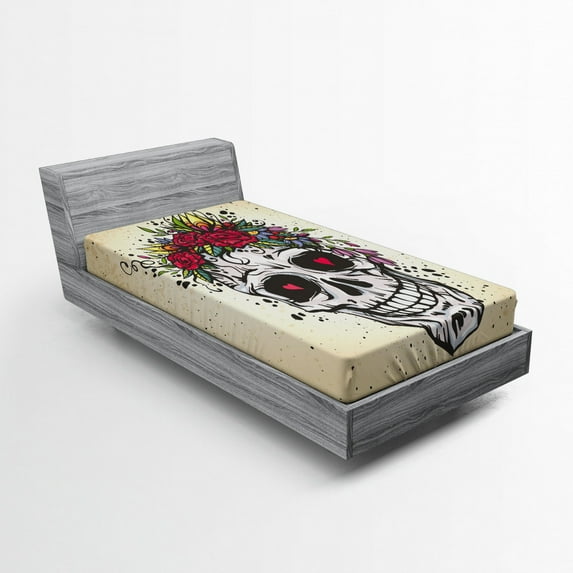 Ambesonne Sugar Skull Fitted Sheet, Boho Plant Skull, Twin Size, Multicolor