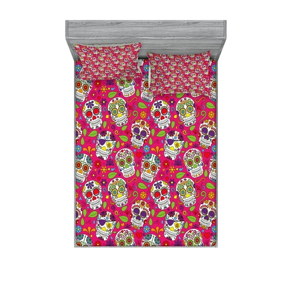 Sugar Skull Fitted Sheet & Pillow Sham Set, Colorful Skulls Leaves Motifs Pirate Cemetery Graveyard Traditional, Decorative Printed 6 Piece Bedding Decor Set, Queen, Multicolor, by Ambesonne
