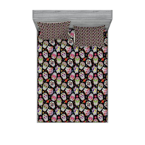 Sugar Skull Fitted Sheet & Pillow Sham Set, All Souls Day Floral Colorful Sugar Skulls Flowers on Dark Background Print, Decorative Printed 6 Piece Bedding Decor Set, Full, Multicolor, by Ambesonne