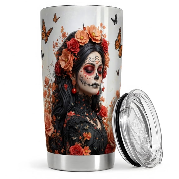 Sugar Skull Floral 20oz Tumbler, Day of the Dead Tumbler for remembrance drinks, painted face woman with roses and monarch butterflies, gothic folk art cup for women and autumn fans