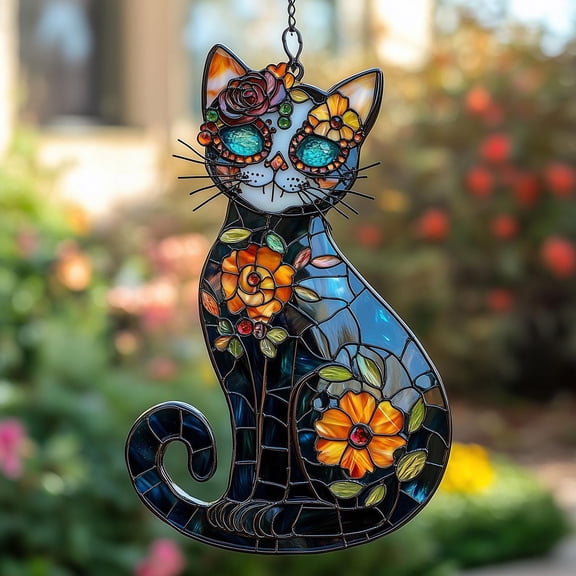 Sugar Skull Floral Cat Acrylic Window Hanging Faux Stained Glass Suncatcher Dia De Los Muertos Skeleton Halloween Decor Gift For Cat Lovers
