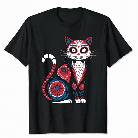 Sugar Skull Floral Cat Graphic Unisex Short Sleeve Casual Tee Shirt