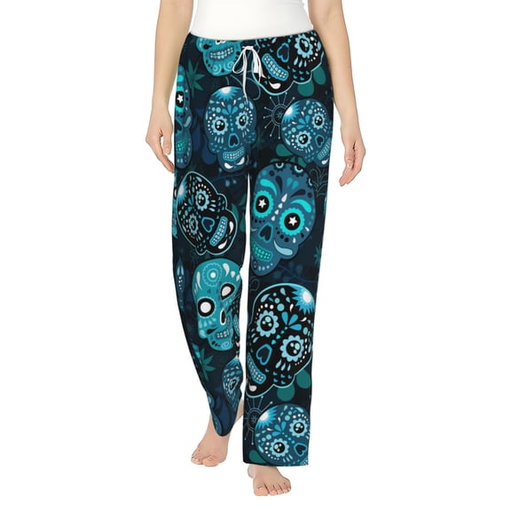 Sugar Skull Floral Flower Women's Comfy Pajama Pants with Pockets, Soft Stretch Drawstring Lounge Pants, Soft Casual Wide Leg PJS Sleep Bottoms Large
