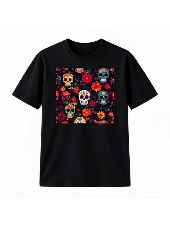 Sugar Skull Floral Graphic T-Shirt, Day of the Dead Short Sleeve Crew Neck Tee Description