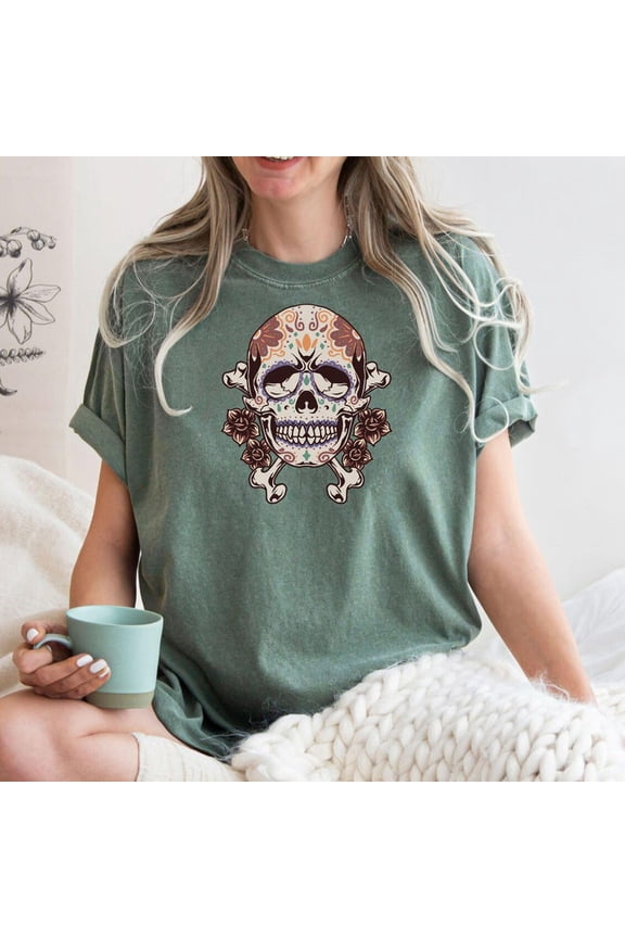 Sugar Skull Floral Skeleton Day of the Dead Boho Western Dia De Los Muertos Graphic Comfort Colors Unisex Cotton T-Shirt, Size S-3XL