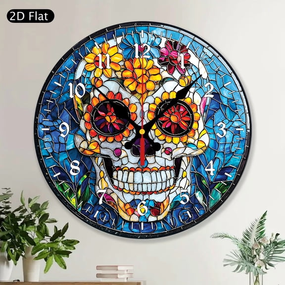 Sugar Skull Floral Stained Glass Style Round Wall Clock, Dia de los Muertos Day of the Dead Mexican Folk Art Halloween MDF Home Wall Art Decor