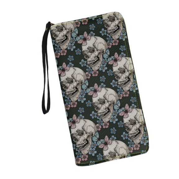Sugar Skull Flower Walet for Womens RFID Blocking PU Leather Zipper Around Wallets Clutch Wristlet Travel Long Purse