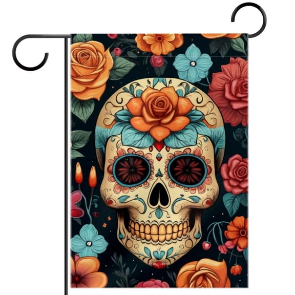 Sugar Skull Flowers Floral Decorative Garden Flag for All Seasons, 12 x 18 Inch Small Vertical Double Sided Outside Decoration for Yard Farmhouse