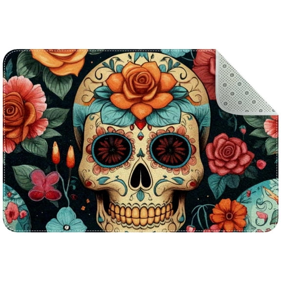 Sugar Skull Flowers Floral Entryway Rug, 2x3 Area Rug Indoor Door Mat Non-slip Washable Floor Carpet Rug for Bedroom Office Dining Room Bathroom