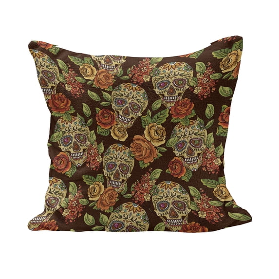 Sugar Skull Fluffy Throw Pillow Cushion Cover, Autumn Colored Flowers and Leaves Patterns in Smily Head Bones, Decorative Square Accent Pillow Case, 24" x 24", Pale Green Yellow Orange, by Ambesonne