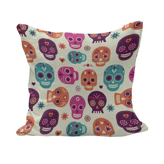 Sugar Skull Fluffy Throw Pillow Cushion Cover, Colorful Skull Silhouettes Hearts and Flowers Carnival Celebration Theme, Decorative Square Accent Pillow Case, 40" x 40", Multicolor, by Ambesonne