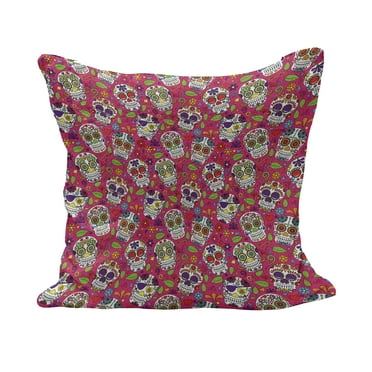 Sugar Skull Fluffy Throw Pillow Cushion Cover, Colorful Skulls Leaves Motifs Pirate Cemetery Graveyard Traditional, Decorative Square Accent Pillow Case, 26" x 26", Multicolor, by Ambesonne