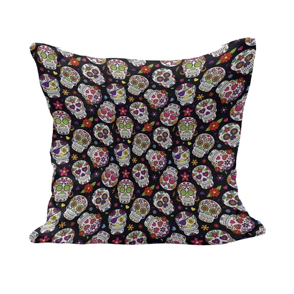 Sugar Skull Fluffy Throw Pillow Cushion Cover, Graveyard Mexico Design on Black Backdrop Print, Decorative Square Accent Pillow Case, 16" x 16", Multicolor, by Ambesonne