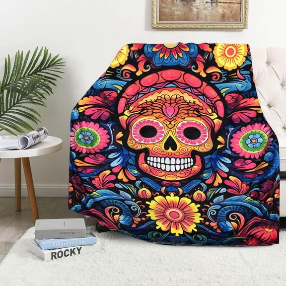 Sugar Skull Gifts for Women and Men, Day of The Dead Blanket for Home Decor, Halloween Skull Lighweight Fleece for Bed Room and Living Room, 60x80 inches, No Pilling
