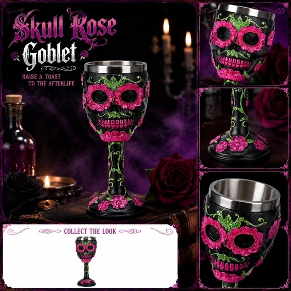 Sugar Skull Goblet, Day of the Dead Wine Glass, Gothic Chalice with Stainless Steel Liner, Hand-Painted Floral Resin Cup for Halloween, Dia de los Muertos, Party Decor & Gifts