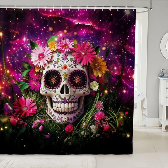 Sugar Skull Halloween Waterproof Shower Curtain with Daisy, Bohemian Gothic Starry Sky Design
