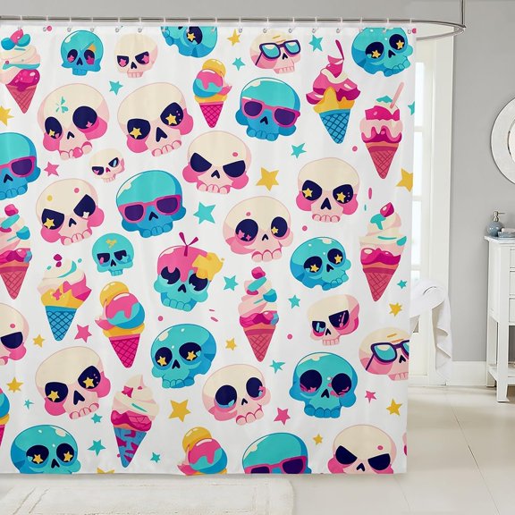 Sugar Skull Ice Cream Sunglasses Stars Waterproof Shower Curtain, Cute Cartoon Halloween Design, Blue and White