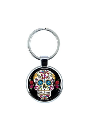 Sugar Skull Keychain with Epoxy Dome and Metal Keyring