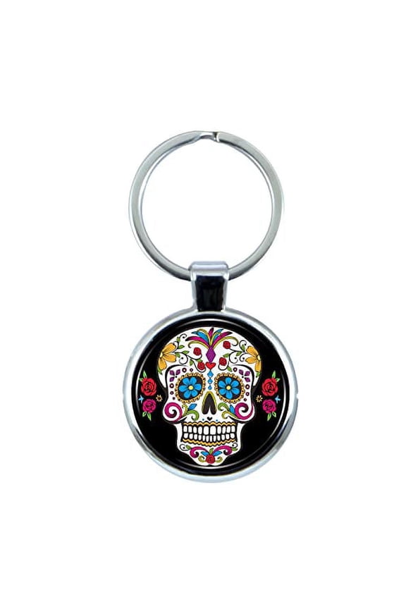 Sugar Skull Keychain with Epoxy Dome and Metal Keyring