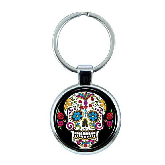Sugar Skull Keychain with Epoxy Dome and Metal Keyring