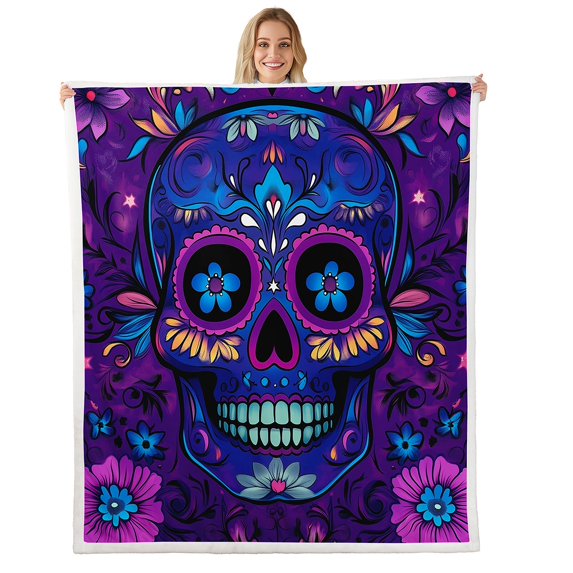 Sugar Skull Fleece Blanket Twin 60"X80",Halloween Gothic Sherpa Blanket,Bohemian Skeleton Bones Throw Blanket Teens Bedroom Decor,Spooky Purple Flowers Fuzzy Blanket