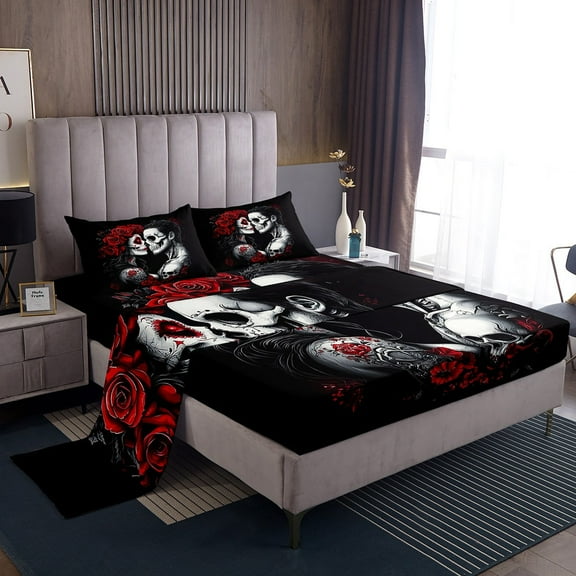 Sugar Skull King Bed Sheets Set,Gothic Skeleton Floral Sheet Set,Romantic Death Love Sheets,Spooky Rose Valentine'S Day Flat Fitted Sheet for Couple Women Men