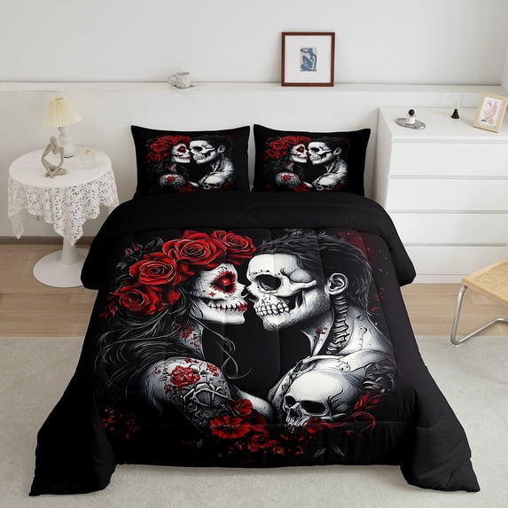 Sugar Skull King Comforter Set,Gothic Skeleton Floral Bedding Set,Romantic Death Love Bedding Comforter Sets,Spooky Rose Valentine'S Day Duvet Insert for Couple Women Men