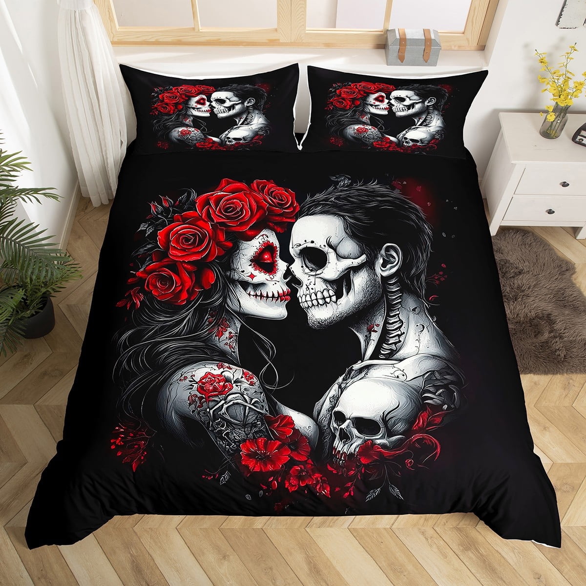 Custom Personalized Gothic Skull Couple Quilt Bed Sets – In Life, In Death – Romantic Gothic Gift for Couples main image 1