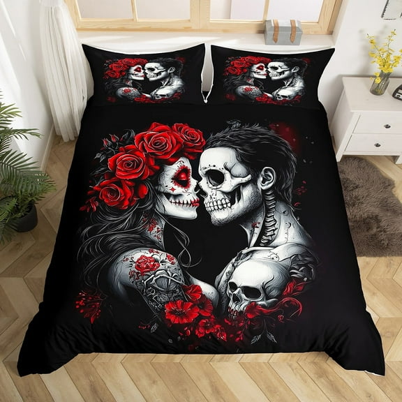 Sugar Skull King Duvet Cover,Gothic Skeleton Floral Comforter Cover,Romantic Death Love Bedding Set,Spooky Rose Valentine'S Day Quilt Cover for Couple Women Men(No Comforter)