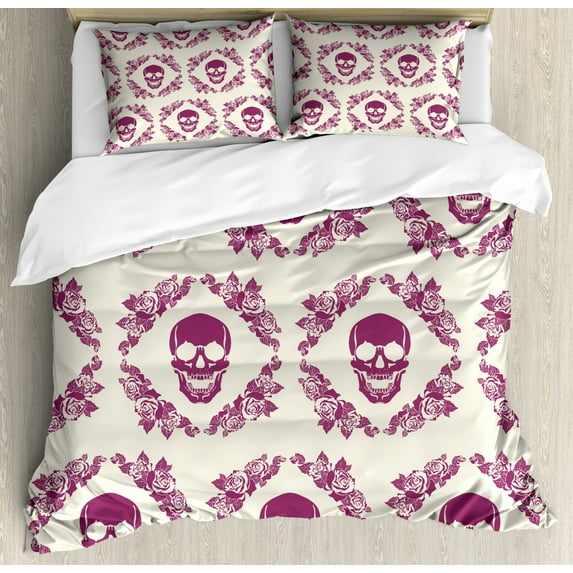 Sugar Skull Duvet Cover Set, Monochrome Style Calavera Inspired Surround by Circular Floral Wreath Print, Decorative 3 Piece Bedding Set with 2 Pillow Shams, King Size, Fuchsia Cream, by Ambesonne